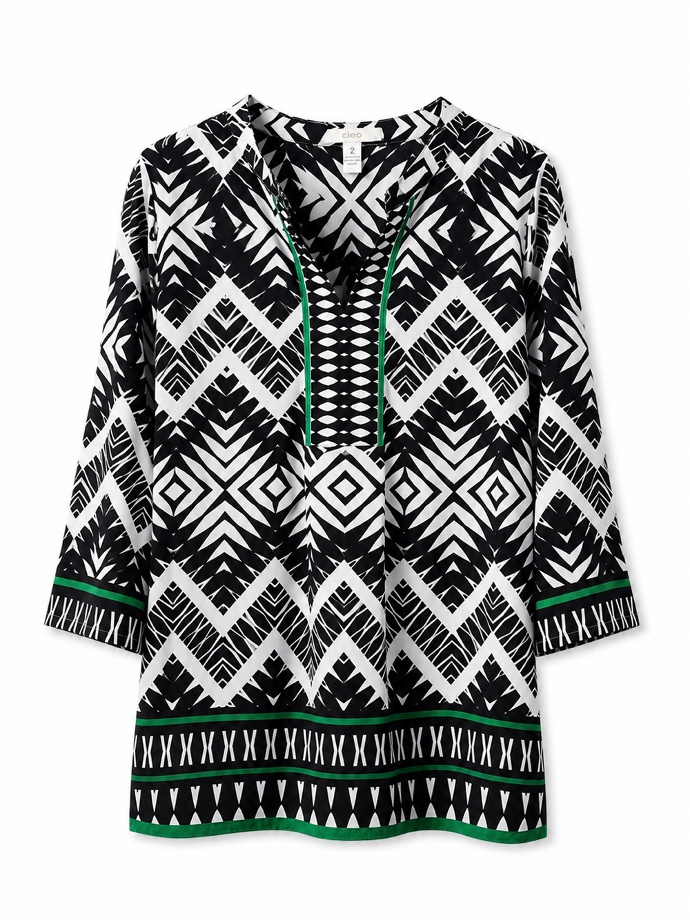 Chico’s Black White Geometric Tunic Top Green Trim 3/4 Sleeve Women’s Large